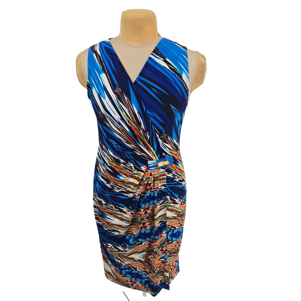 Robbie Bee Sheath Dress Women L Blue Abstract Stretch Faux Wrap Colorful Artsy